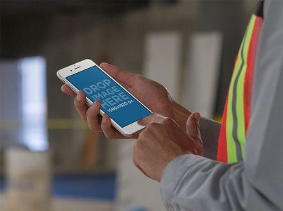 Mockup of a Man Working in a Factory Holding an iPhone in Portrait Position
