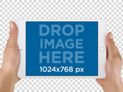 Mockup of a White iPad Mini Held with Both Hands in Landscape View