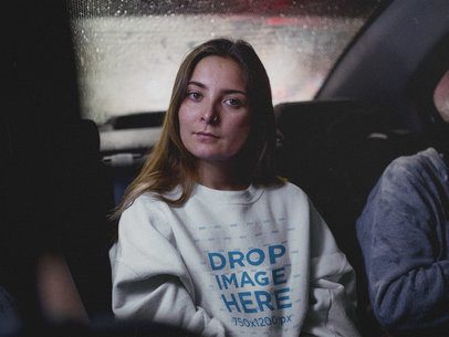 Beautiful Woman with Long Hair Sitting in the Backseat Crewneck Mockup