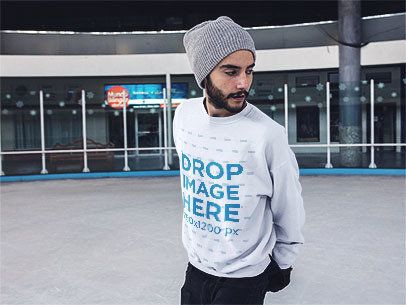 Young Man Wearing a Beanie and Crewneck Mockup While Skating a13253