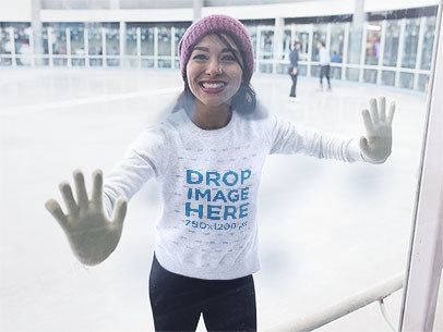 Smiling Girl Skating and Wearing a Crewneck Mockup with a Beanie a13255