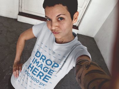 T-Shirt Mockup of a Short Haired Alternative Woman Making a Face