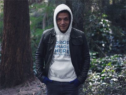 Pullover Hoodie Mockup Featuring a Guy in the Woods
