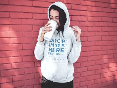 Pullover Hoodie Mockup of a Trendy Woman Drinking Coffee in the Morning