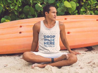 Surfer Guy Sitting in the Sand on the Beach Tank Top Mockup