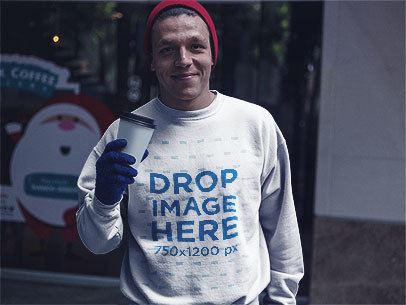 Guy with a Crewneck Sweatshirt Picking Up a Coffee Mockup