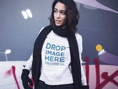 Young Woman Wearing a Scarf and Crewneck Sweatshirt Mockup with Gloves
