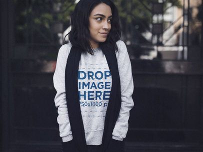 Lovely Woman Wearing a Crewneck Mockup with a Scarf in the Cold a13177
