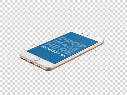 Floating Angled Golden iPhone 7 Over Transparent Background Mockup