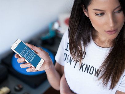 Beautiful Girl Holding A White iPhone 6 On Her Right Hand Mockup a14041