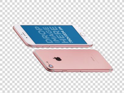 Transparent Mockup of Two Rose Gold iPhones Floating Angled Horizontally a14103