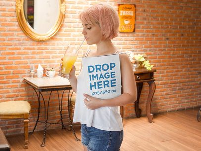 Girl With Pink Hair Holding a Magazine While Drinking an Orange Juice Mockup a14370
