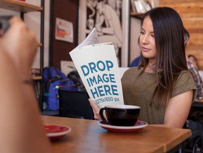 Beautiful Woman Reading a Magazine in a Cafe Mockup