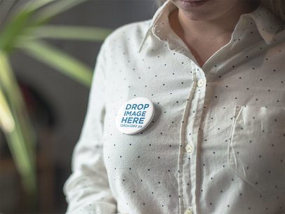 Button on a Texting Young Woman White Shirt with Black Dots a14283