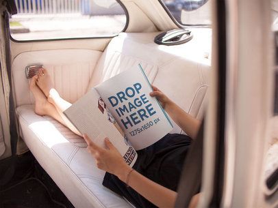 Mockup of a Young Woman Reading a Magazine While Relaxing in the Back of a Car