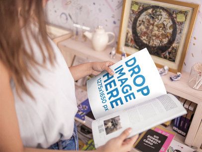 Young Woman Taking a Look at a Magazine While Inside a Store Mockup a14401