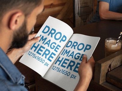 Latino Model at a Coffee Shop Reading a Magazine Template a14447