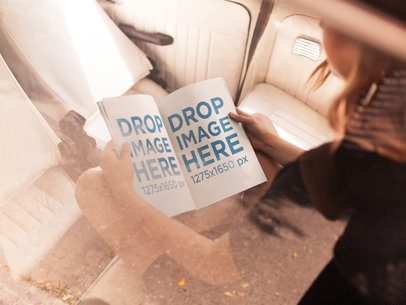 Through the Window Template of a Woman Reading a Magazine in the Back of a Car