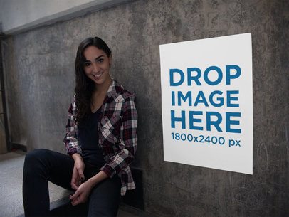 Beautiful Young Hispanic Woman Sitting Down Beside a Poster in the Street Template