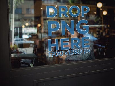 Horizontal Window Decal While Woman is Using Her Phone Behind the Window Mockup