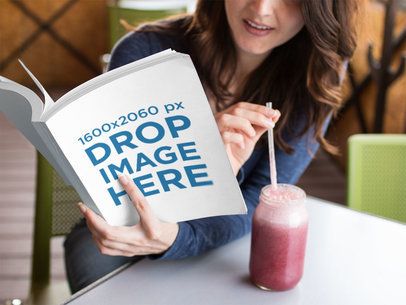 Hispanic Woman Reading a Book While Drinking a Strawberry Smoothie Template