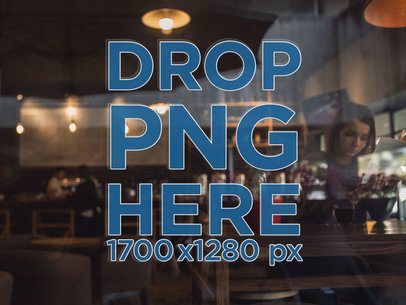 Window Decal Mockup with a Woman and a Red Pot Behind It