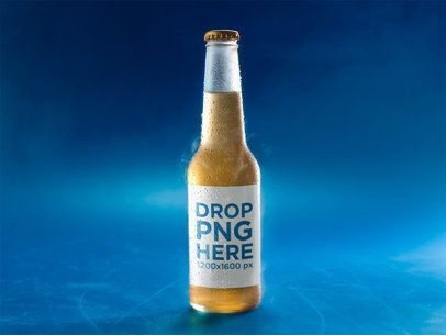 Very Cold Bottle of Lager Beer on a Blue Surface Mockup
