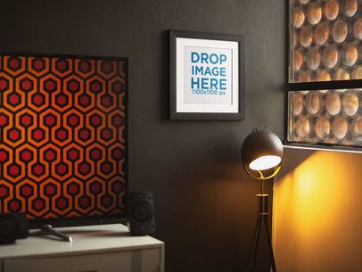 Framed Art Print Template by the Window with a Shining Lamp Nearby