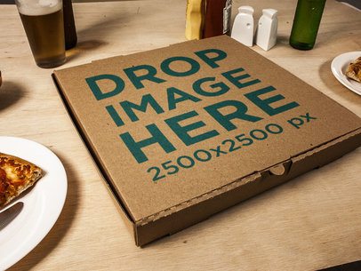 Template of a Closed Pizza Box on a Table 