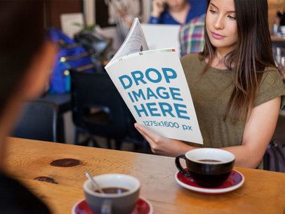 Beautiful Woman Reading a Magazine Template While at a Cafe