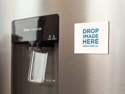 Fridge Magnet Mockup On a Metallic Fridge Near the Water Dispenser