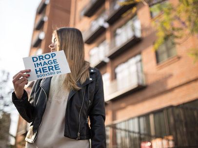 Young Woman Holding a Half Letter Flyer Template While Walking in the City