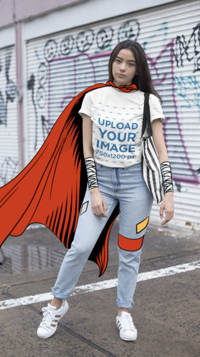 Round-Neck Tee Video of a Serious Woman Posing With an Animated Superhero Outfit