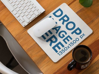 Mousepad Template on a Wooden Desk With a Morning Coffee Beside It