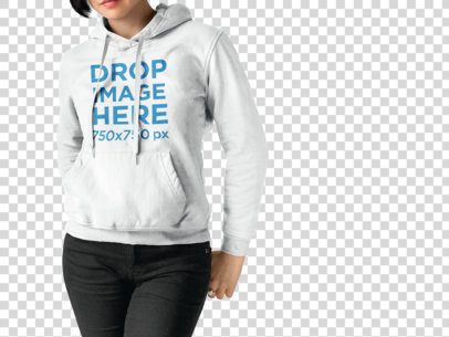 Mockup of a Woman Wearing a Pullover Hoodie While Standing Against a Transparent Backdrop