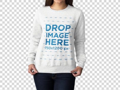 Woman Wearing a Crewneck Sweatshirt Mockup Showing it While Standing Against a Transparent Backdrop