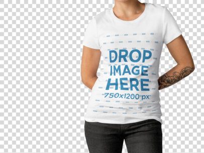 Woman With Tattoo Wearing a Tshirt Template While Standing Against a Transparent Backdrop