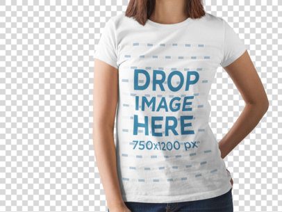 Short Haired Woman Wearing a Round Neck Tee Mockup While Standing Against a Transparent Background